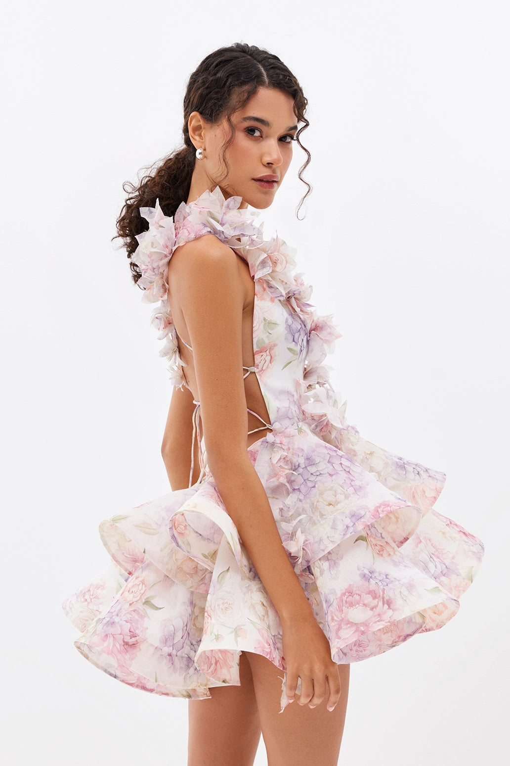 Helen 3D Flower Chiffon Ruffle Mini Dress in Pink Avalabel