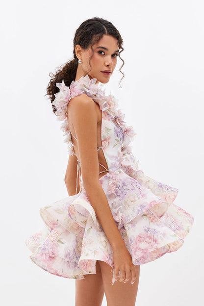 Helen 3D Flower Chiffon Ruffle Mini Dress in Pink