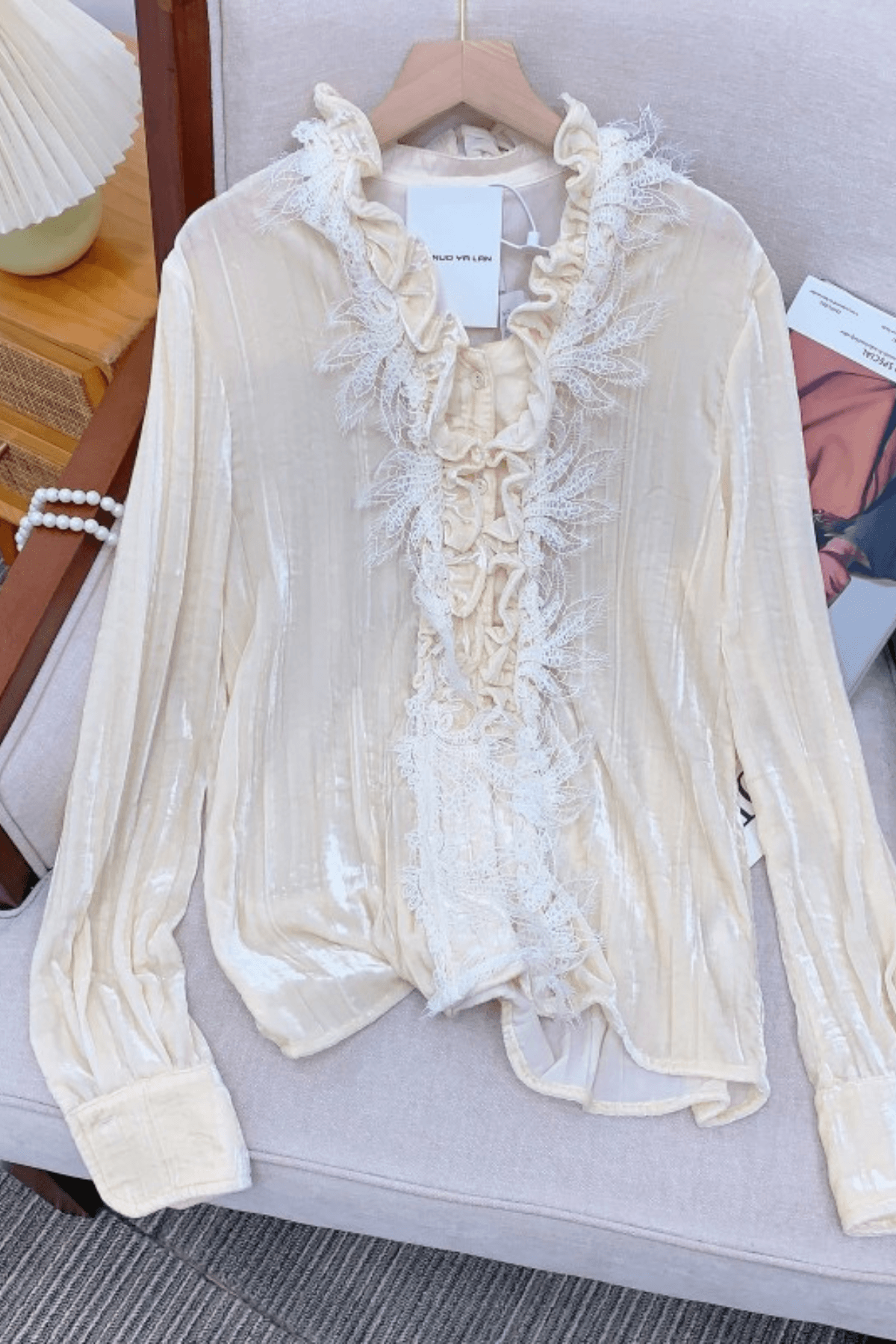 Cream Ruffle Lace Trim Long Sleeve Blouse Avalabel