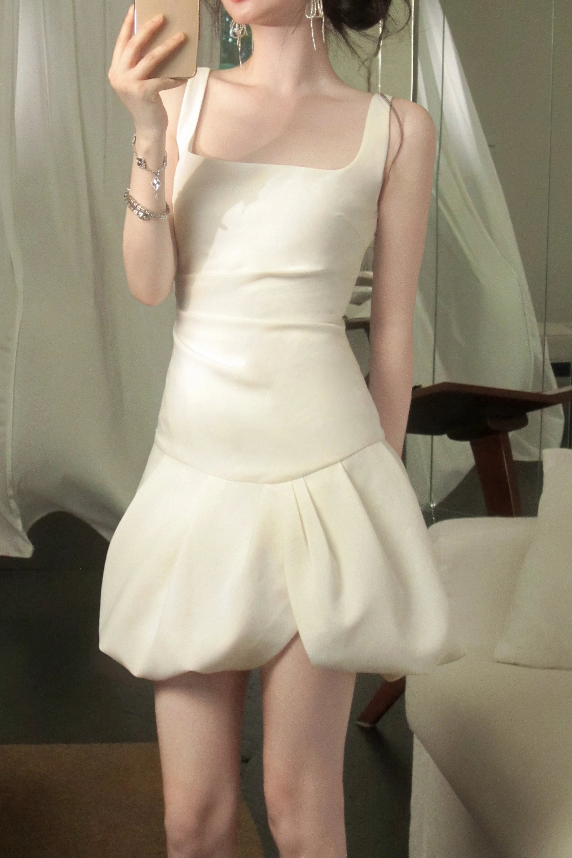 arabela square neck bud mini dress in beige Avalabel