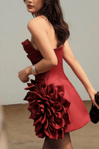 Giselle Strapless Ruched Floral Ruffle Mini Dress Avalabel