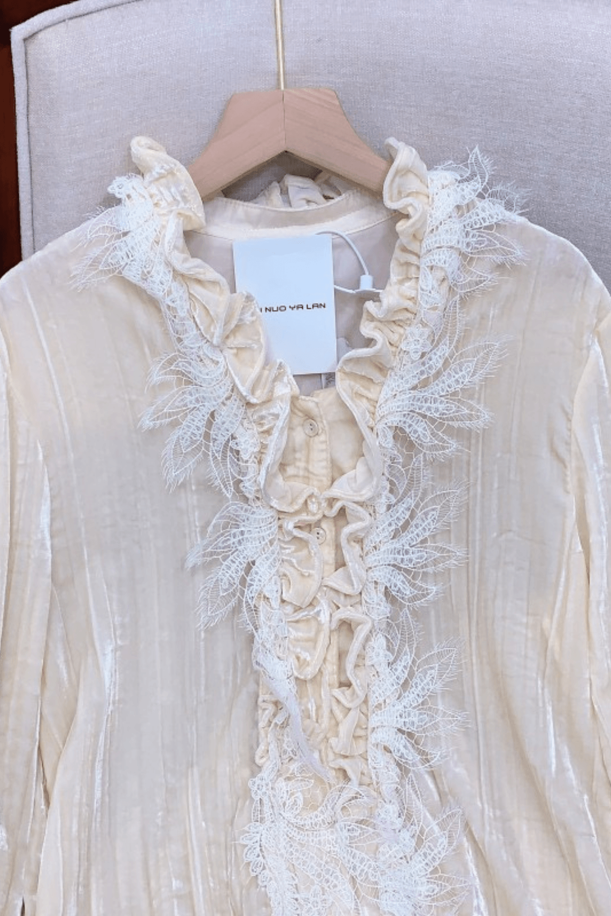 Cream Ruffle Lace Trim Long Sleeve Blouse Avalabel