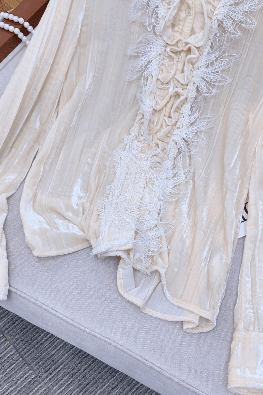 Cream Ruffle Lace Trim Long Sleeve Blouse Avalabel