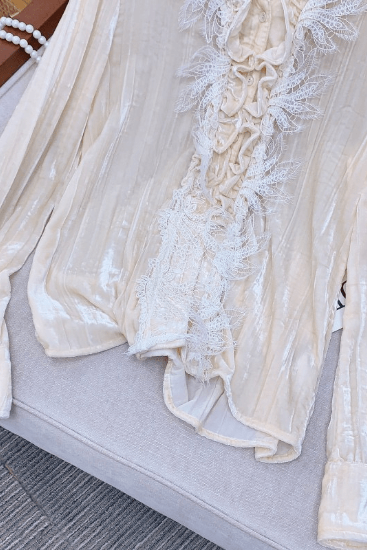 Cream Ruffle Lace Trim Long Sleeve Blouse Avalabel
