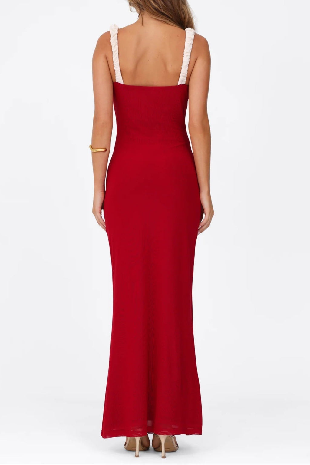 Red Bustier Maxi Dress with a V-Neckline Avalabel