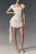 Alma White Lace Cap Sleeve Ruffled Mini Dress Avalabel