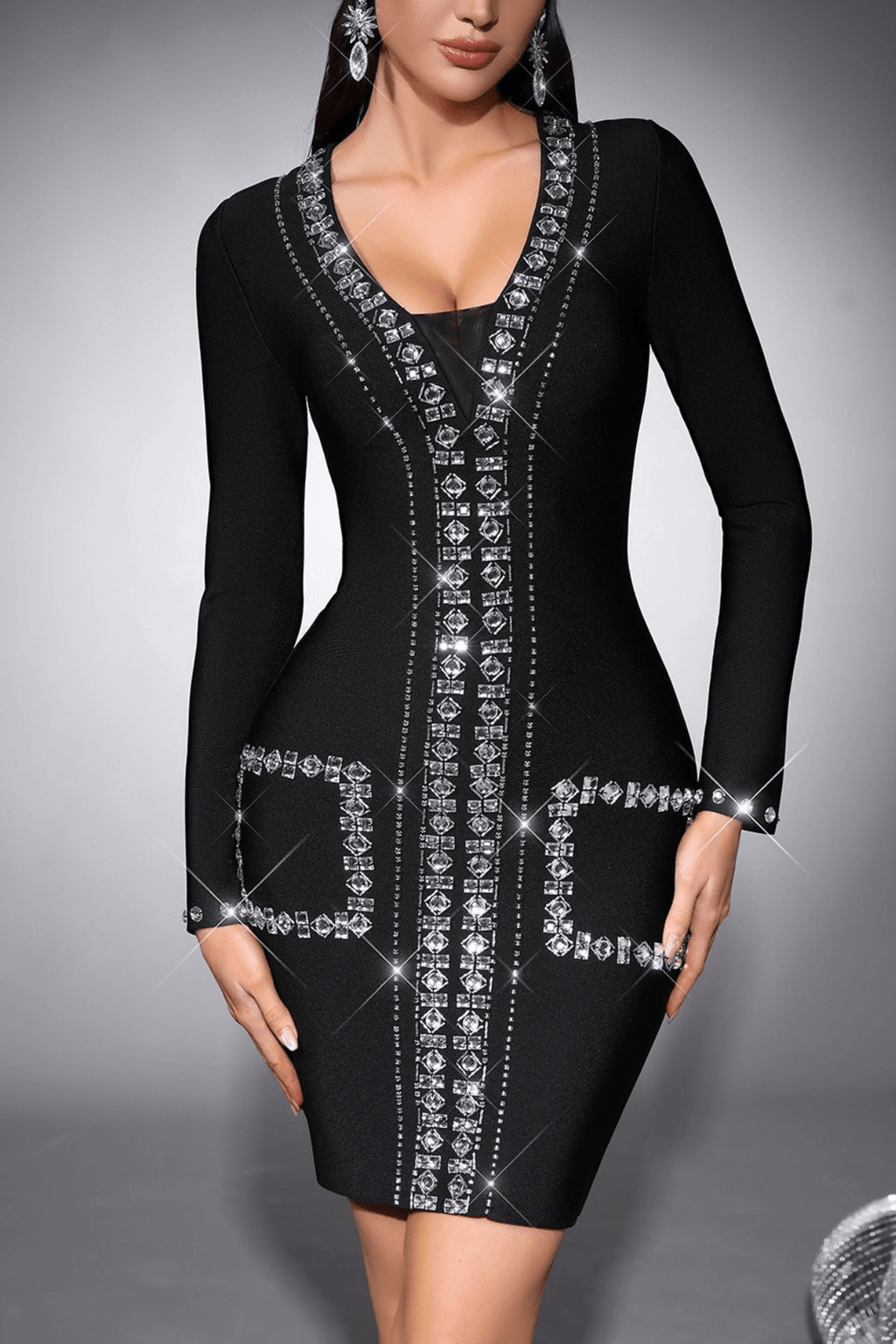 Karyn Rhinestone Long Sleeve Bodycon Mini Dress Avalabel
