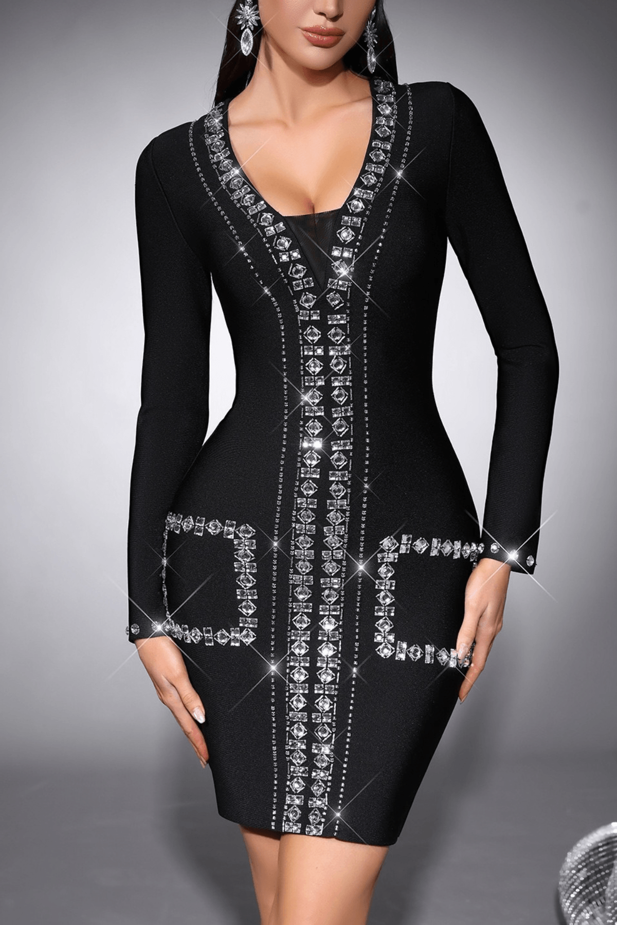 Karyn Rhinestone Long Sleeve Bodycon Mini Dress Avalabel