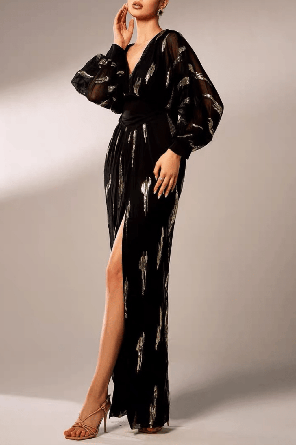 Molly Black Gold Sequin V‑Neck Slit Dress Avalabel