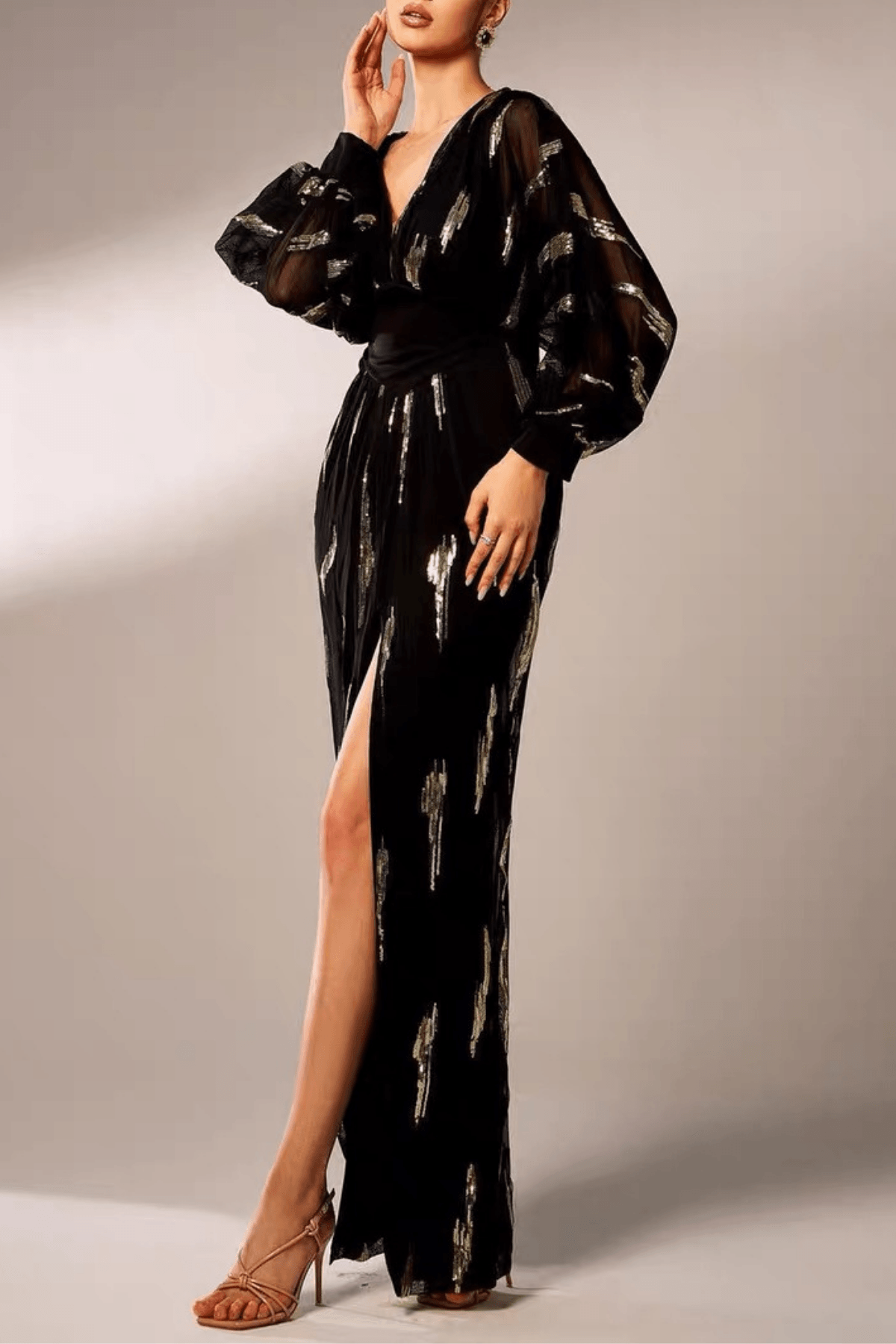 Molly Black Gold Sequin V‑Neck Slit Dress Avalabel