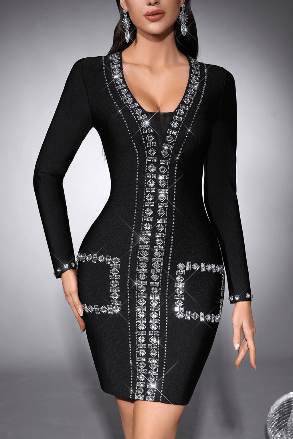 Karyn Rhinestone Long Sleeve Bodycon Mini Dress Avalabel