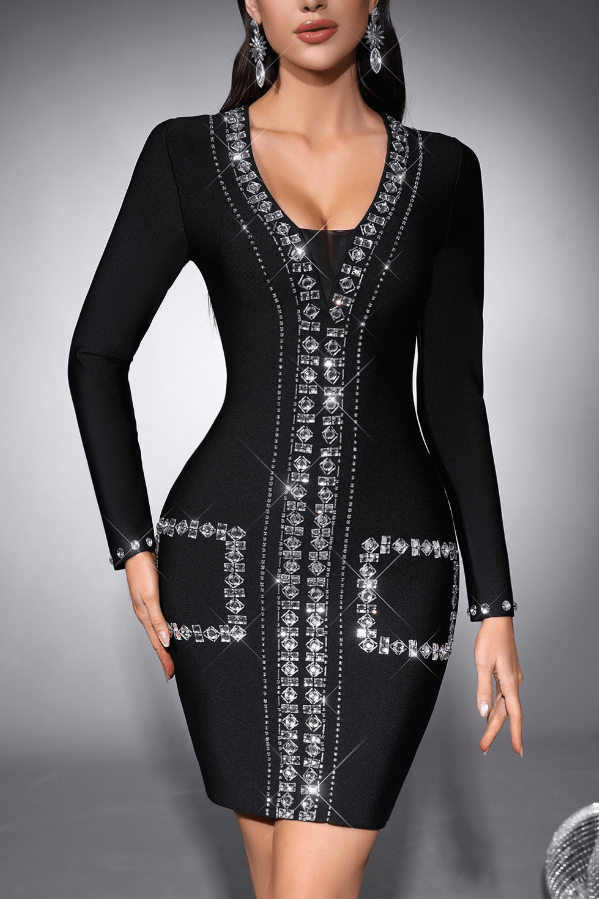 Karyn Rhinestone Long Sleeve Bodycon Mini Dress Avalabel