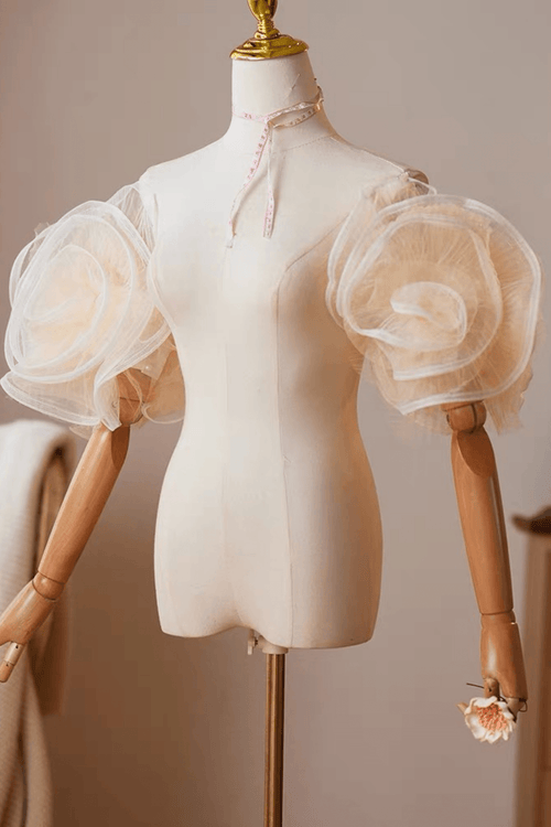 Champagne Tulle 3D Flower Detachable Puff Sleeves Avalabel