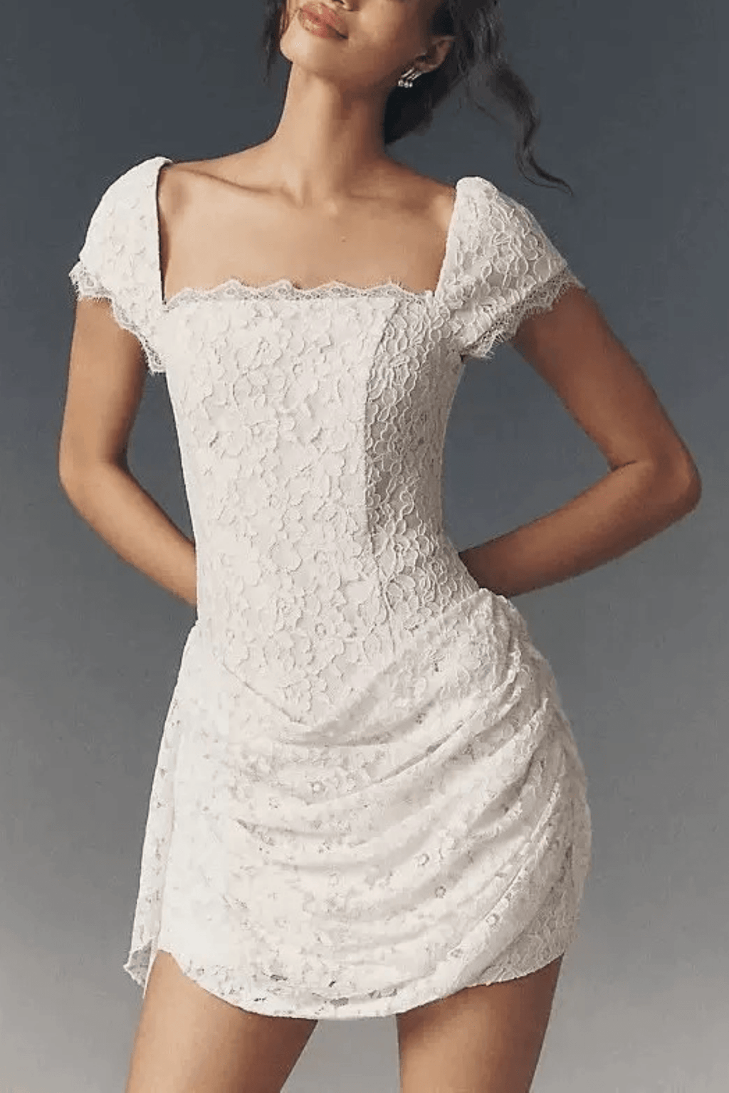 Alma White Lace Cap Sleeve Ruffled Mini Dress Avalabel
