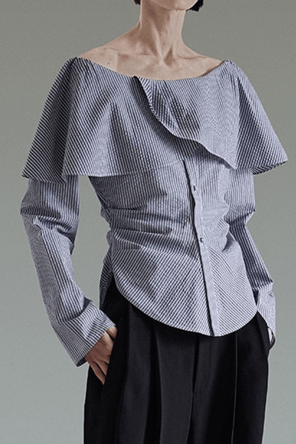 Striped Off Shoulder Ruffle Long Sleeve Blouse Avalabel