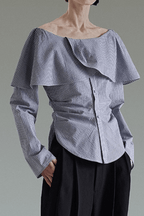 Striped Off Shoulder Ruffle Long Sleeve Blouse Avalabel