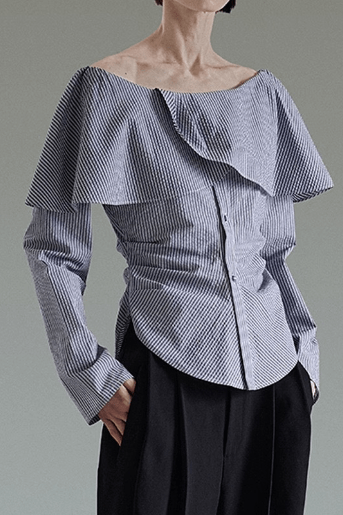 Striped Off Shoulder Ruffle Long Sleeve Blouse Avalabel