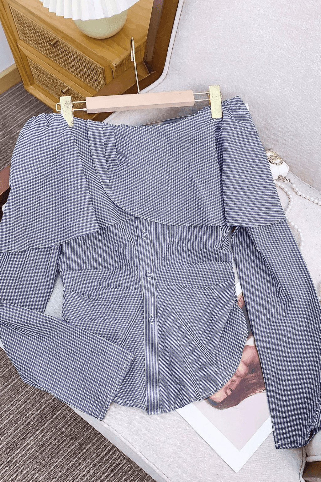 Striped Off Shoulder Ruffle Long Sleeve Blouse Avalabel
