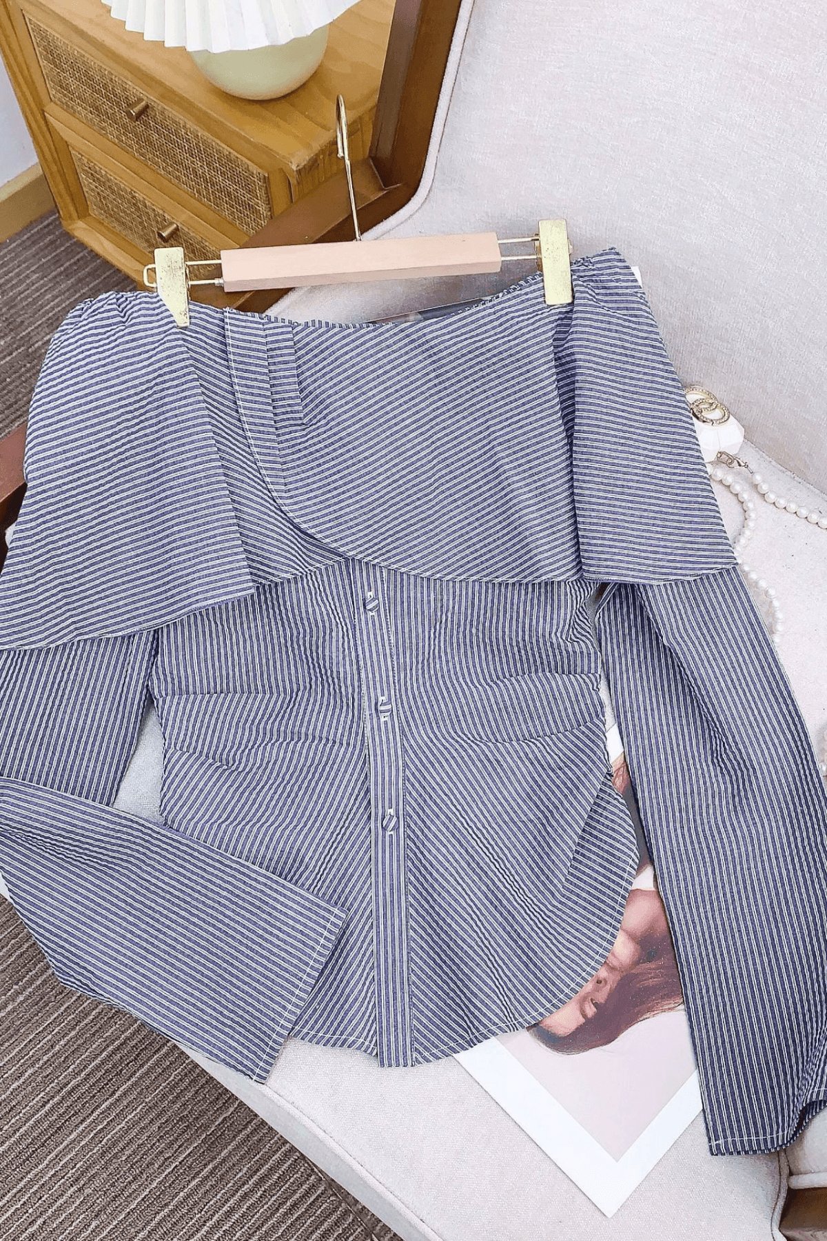 Striped Off Shoulder Ruffle Long Sleeve Blouse Avalabel