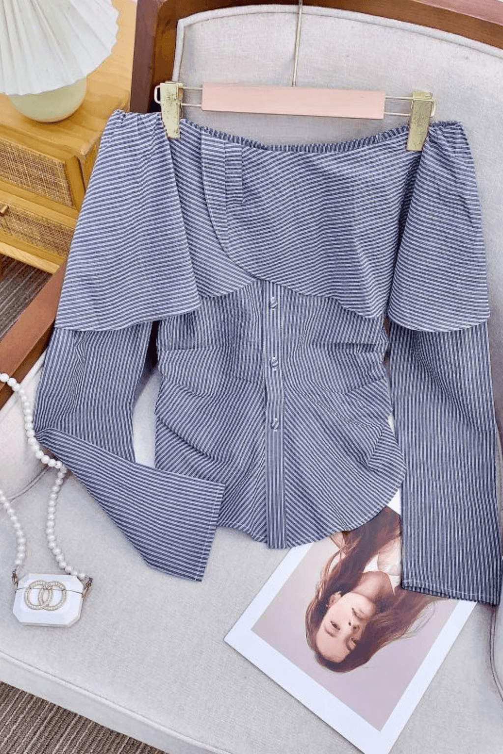 Striped Off Shoulder Ruffle Long Sleeve Blouse Avalabel