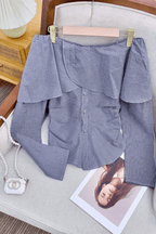 Striped Off Shoulder Ruffle Long Sleeve Blouse Avalabel