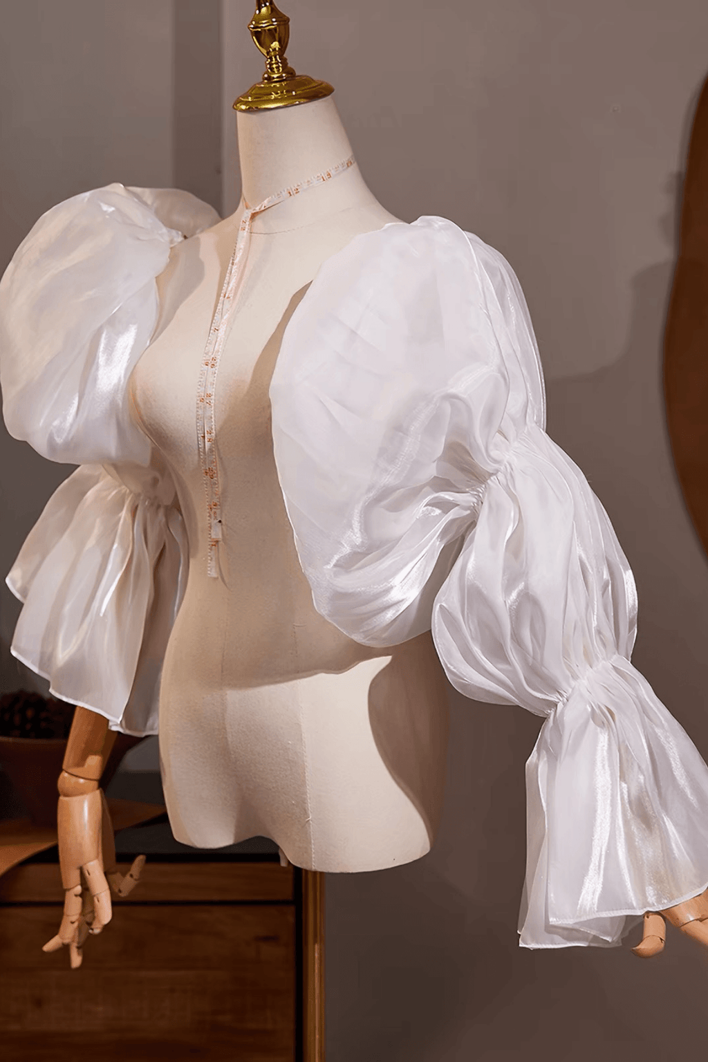 White Shiny Organza Detachable Puff Sleeves Avalabel