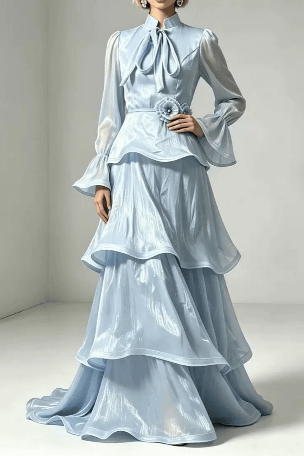 Laura Light Blue Bell Sleeve Tiered Ruffle Dress Avalabel
