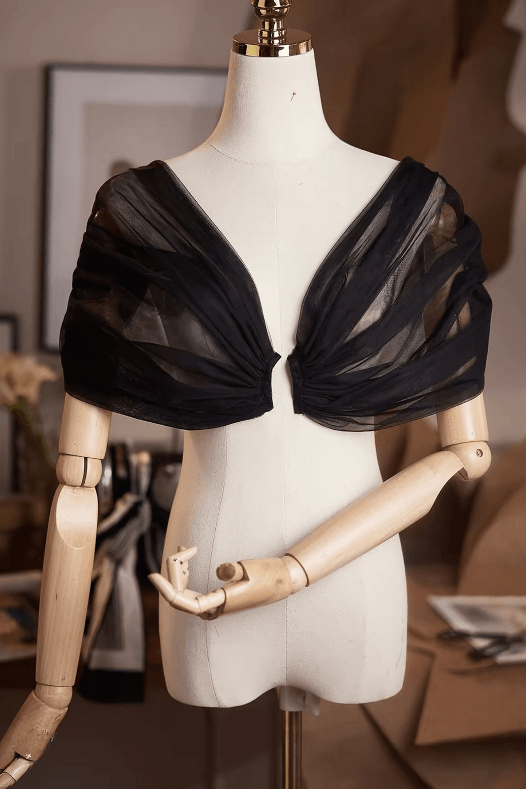 Black Sheer Tulle Twisted Off‑Shoulder Shawl Avalabel