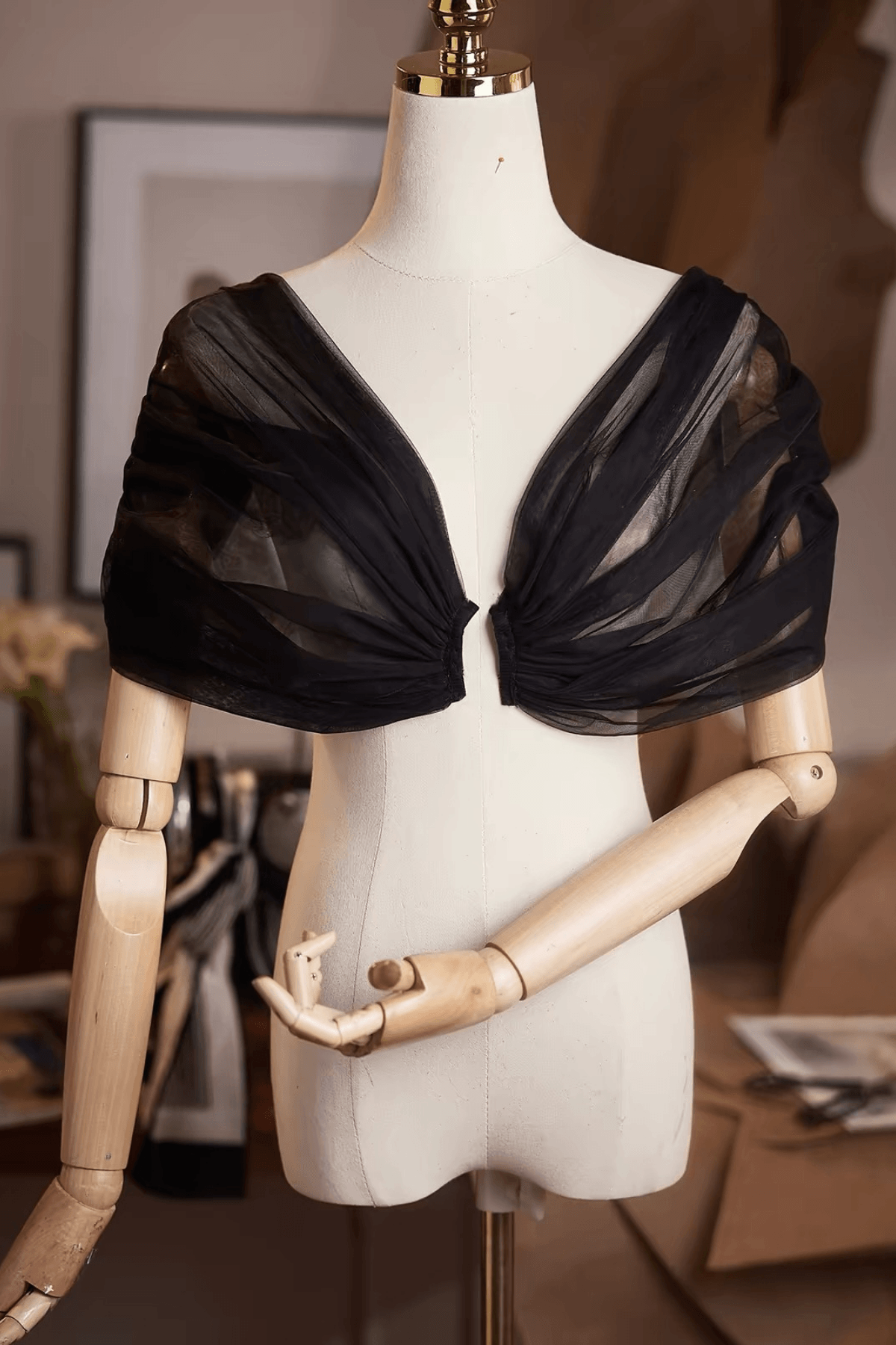 Black Sheer Tulle Twisted Off‑Shoulder Shawl Avalabel