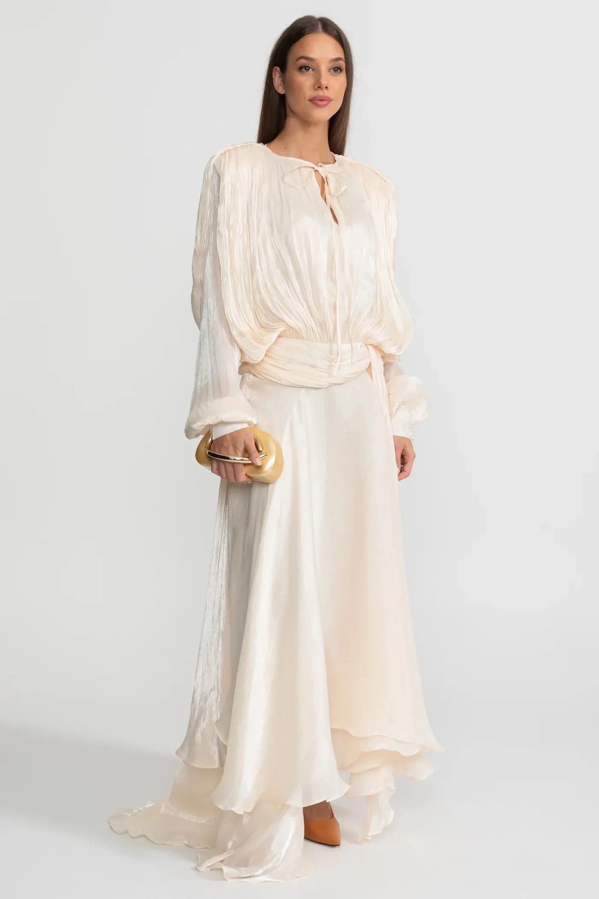 ivory Pleated Bodice Draped puff sleeve Maxi Dress Avalabel