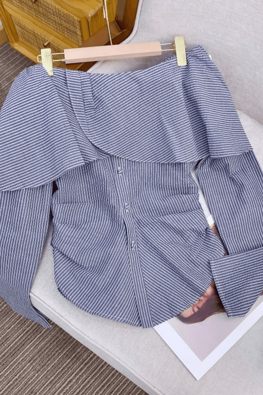 Striped Off Shoulder Ruffle Long Sleeve Blouse Avalabel