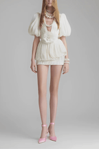 Gloria Elegant Floral Puff Sleeve Pleated Mini Tiered Dress Avalabel