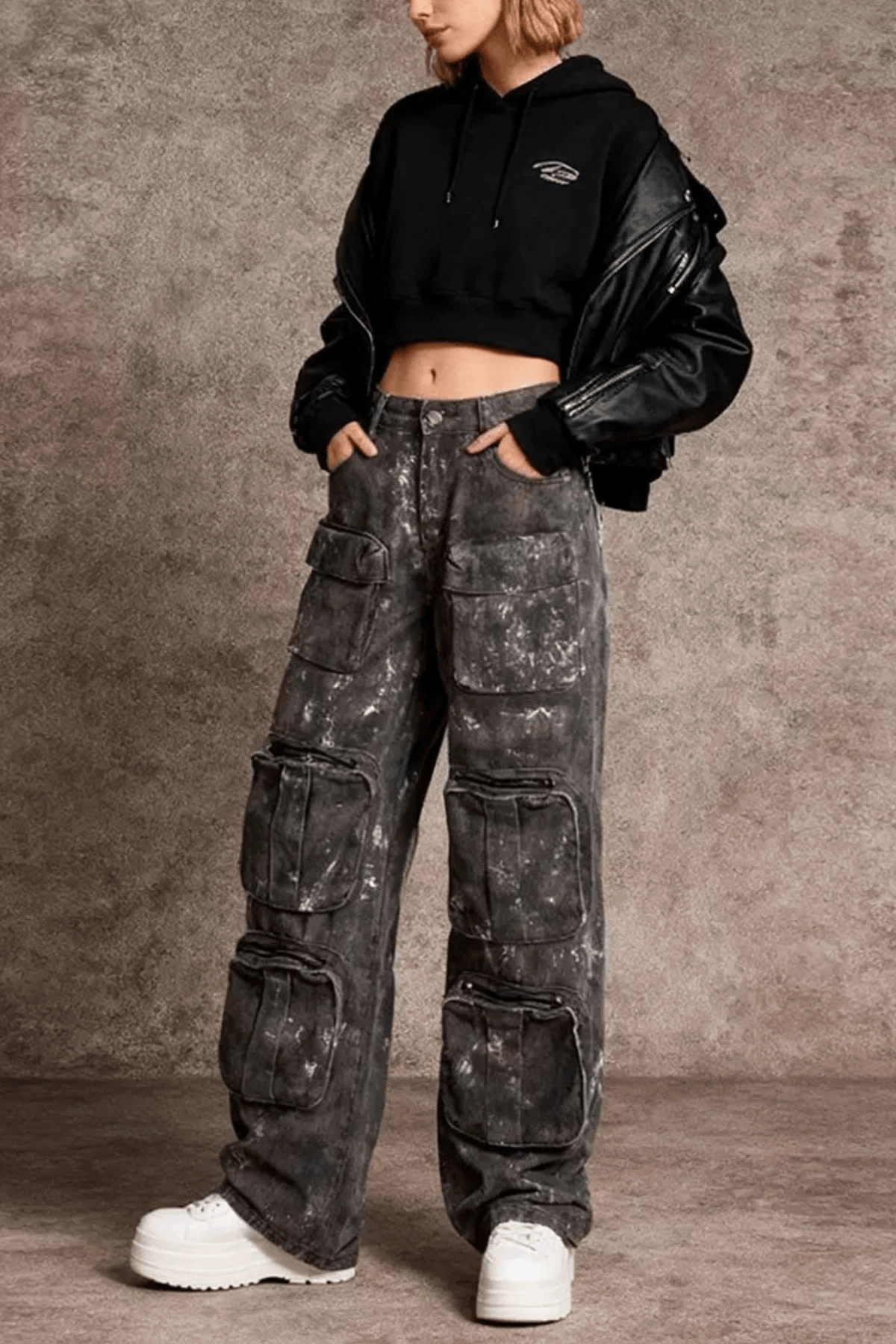 Gloria Splatter-Painted Multi-Pocket Wide-Leg Cargo Pants Avalabel