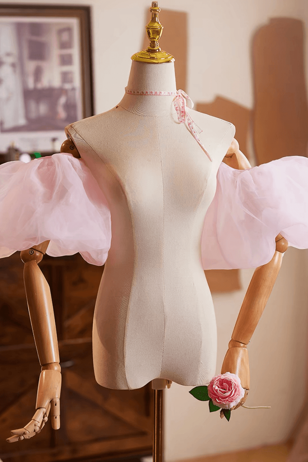 Pink Tulle Detachable Short Puff Sleeves Avalabel