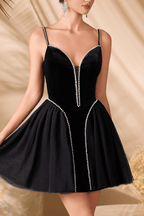 Alva Black Velvet Spaghetti Strap Mini Dress Avalabel