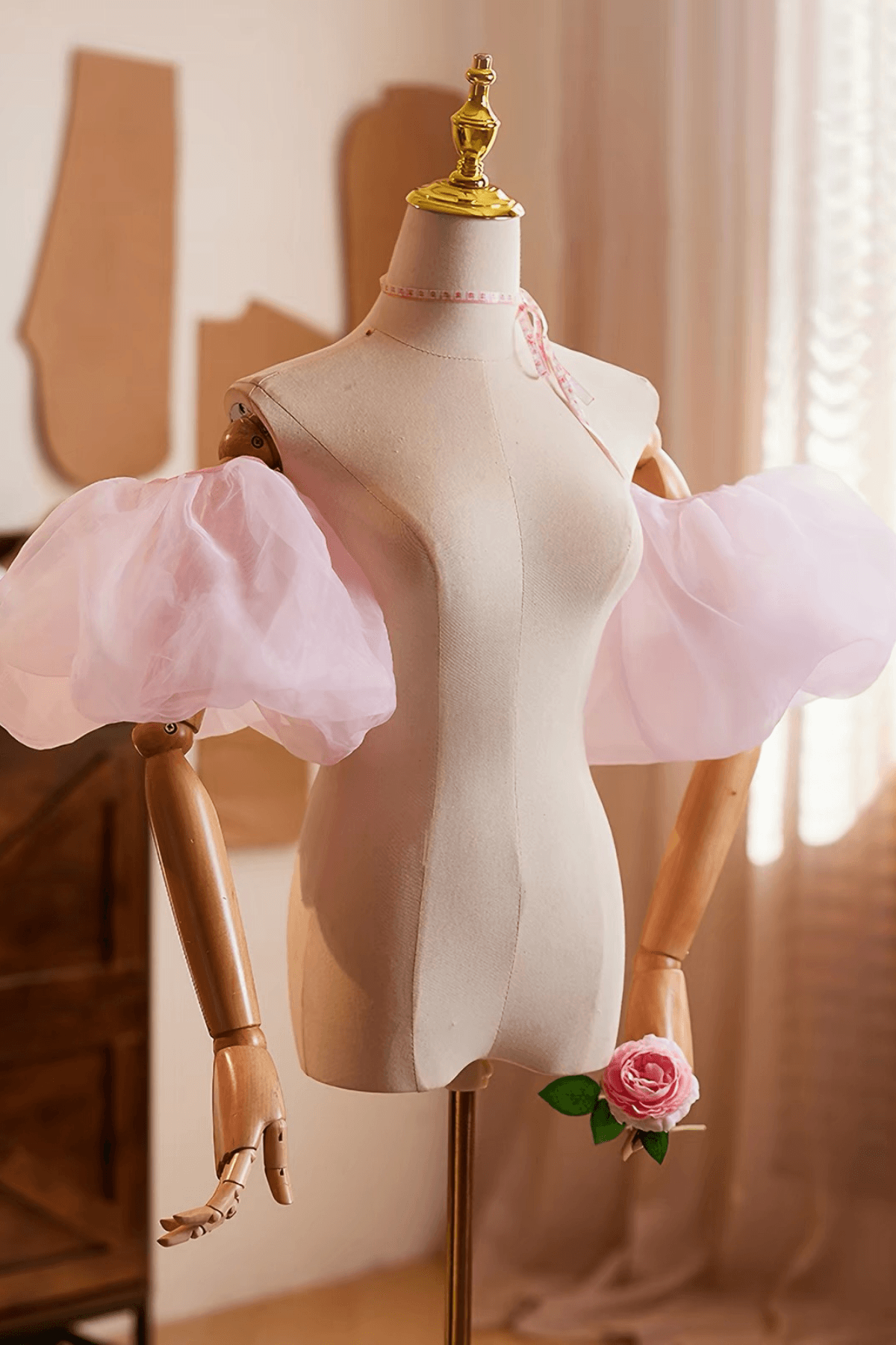 Pink Tulle Detachable Short Puff Sleeves Avalabel