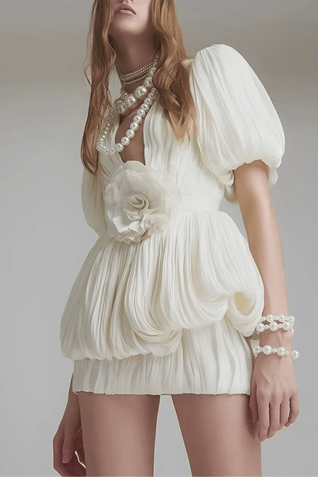 Gloria Elegant Floral Puff Sleeve Pleated Mini Tiered Dress Avalabel