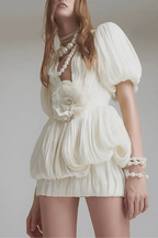 Gloria Elegant Floral Puff Sleeve Pleated Mini Tiered Dress Avalabel