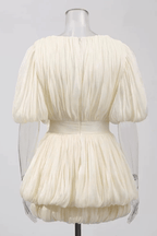 Gloria Elegant Floral Puff Sleeve Pleated Mini Tiered Dress Avalabel