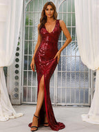 Nova V-Neck Split Golden Sequin Dress Avalabel
