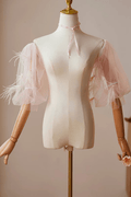Pink Tulle Feather Pearl Detachable Puff Sleeves Avalabel