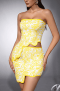 Yellow Printed Strapless Two Piece Mini Skirt Set Avalabel
