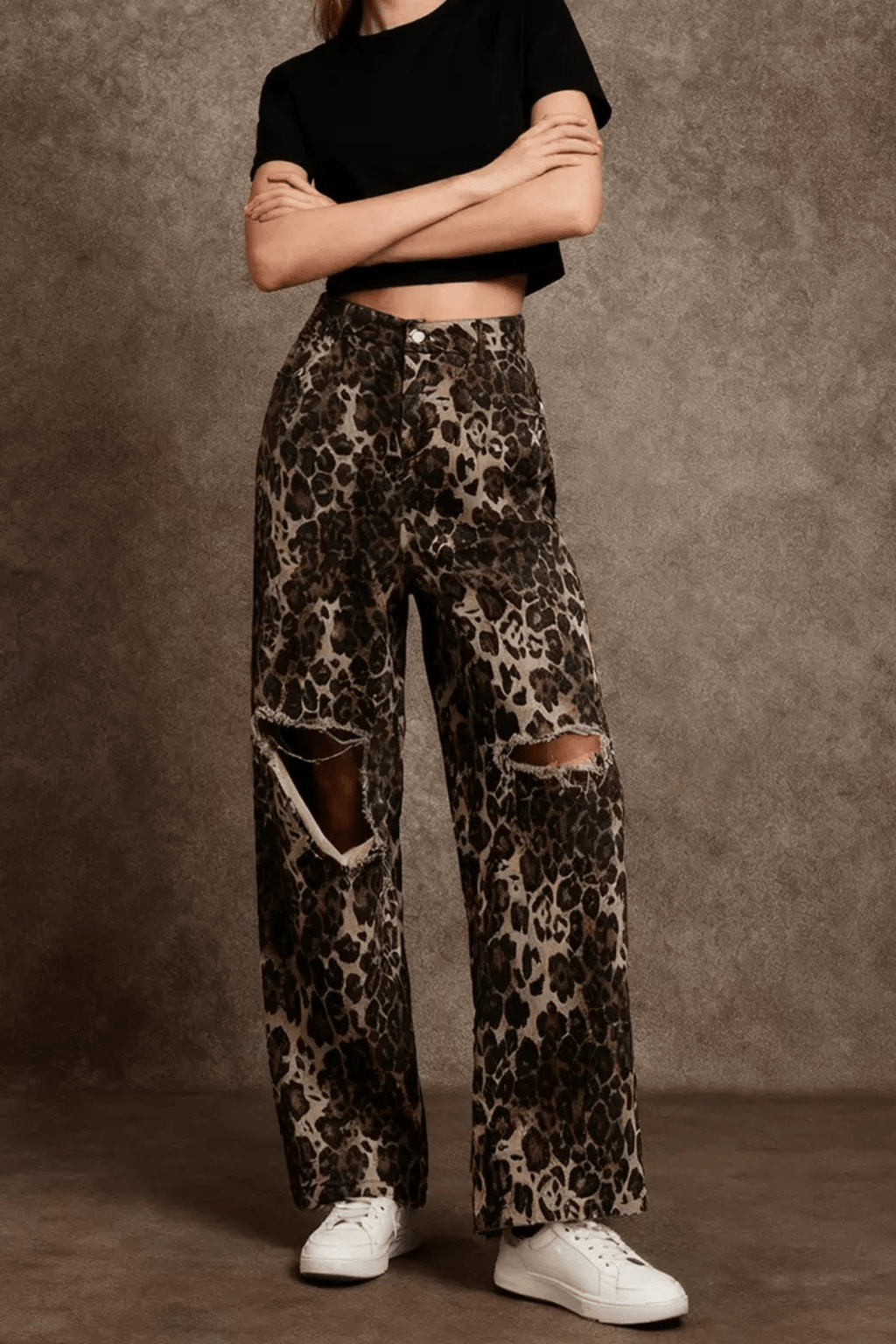Helen Leopard Print Ripped Knee Wide Leg Pants Avalabel
