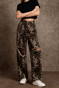 Helen Leopard Print Ripped Knee Wide Leg Pants Avalabel