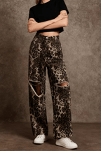 Helen Leopard Print Ripped Knee Wide Leg Pants Avalabel