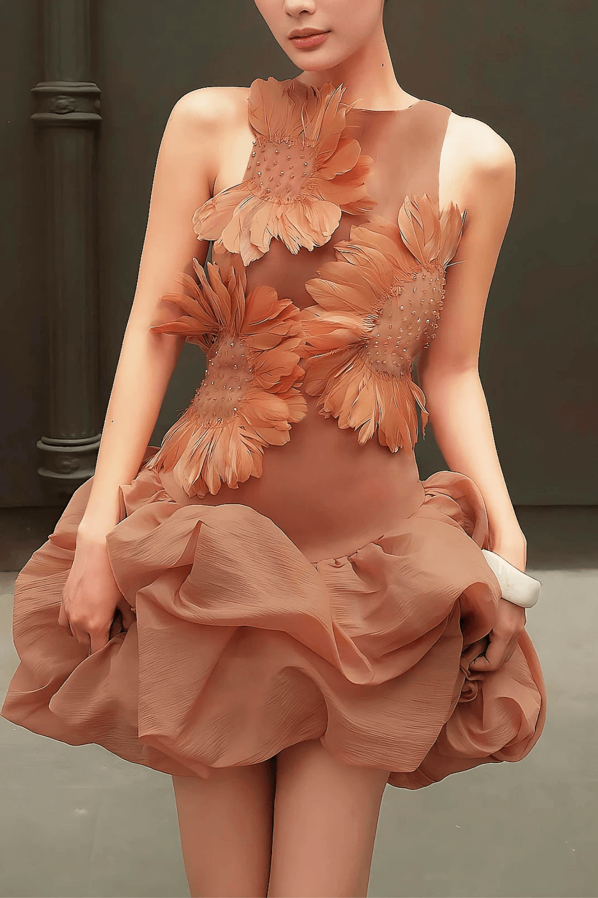 Chloe Elegant Floral Applique Sleeveless Mini Ruffle Dress Avalabel