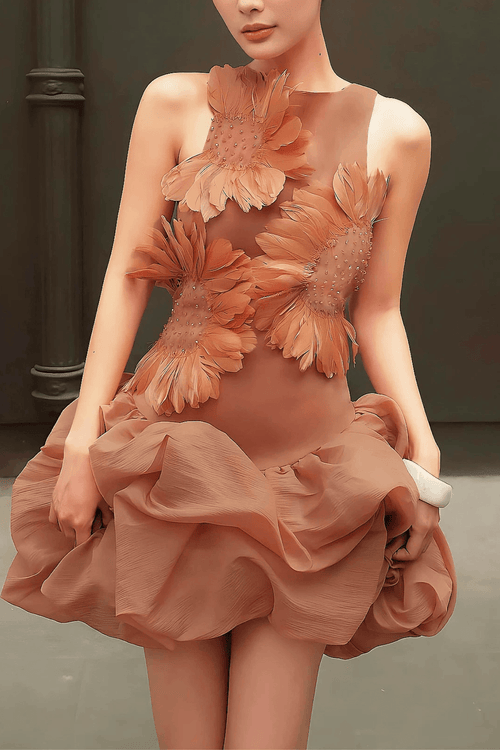 Chloe Elegant Floral Applique Sleeveless Mini Ruffle Dress Avalabel