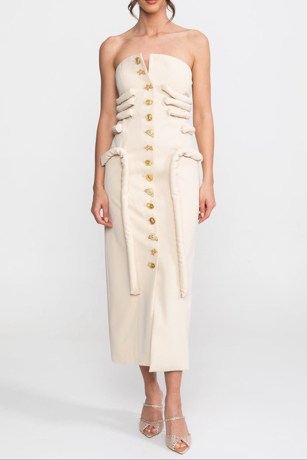 Strapless Midi Dress With Sculptural Knotted Bodice Detail And Jewel Buttons - Cream Avalabel