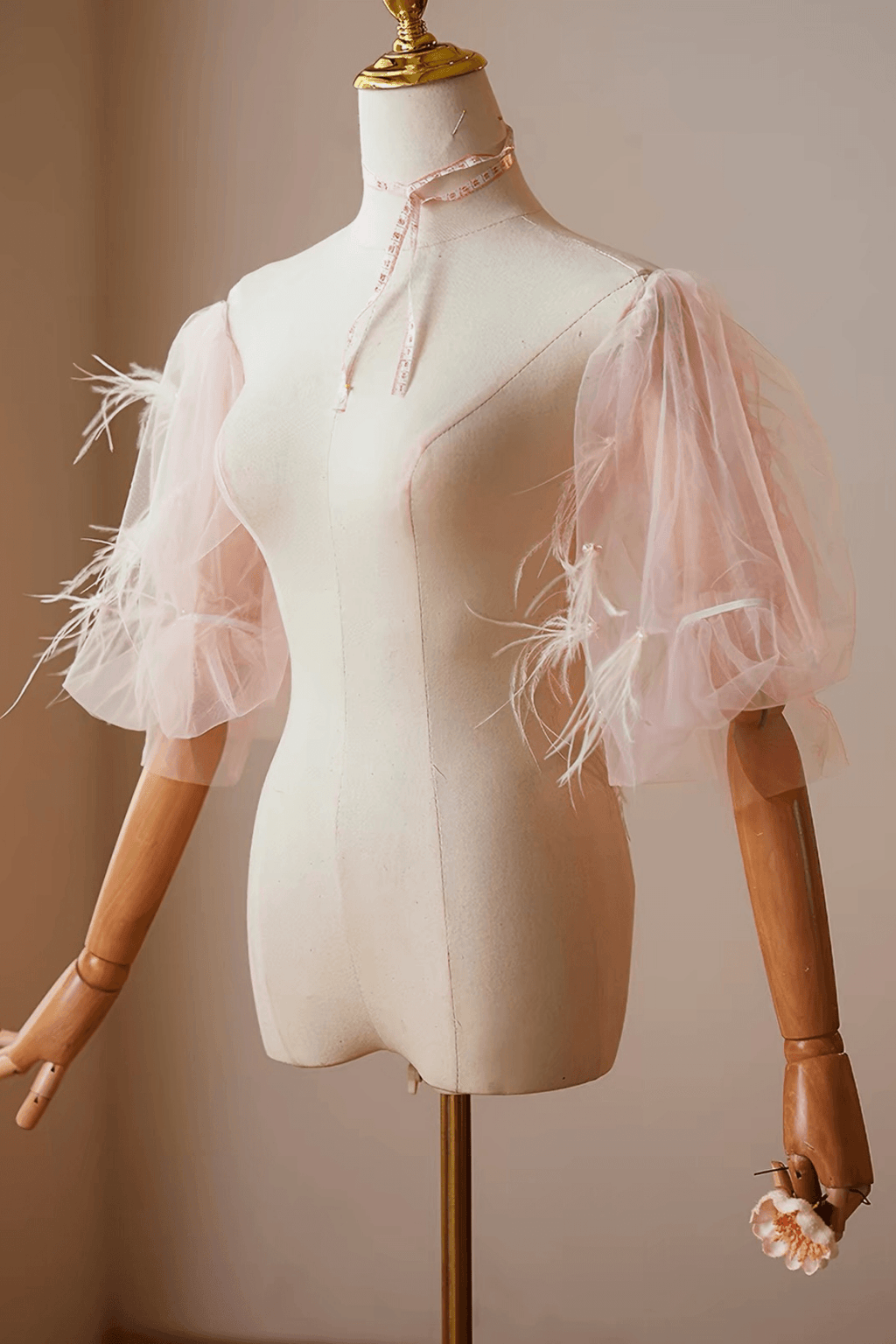 Pink Tulle Feather Pearl Detachable Puff Sleeves Avalabel