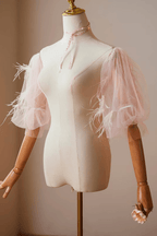 Pink Tulle Feather Pearl Detachable Puff Sleeves Avalabel